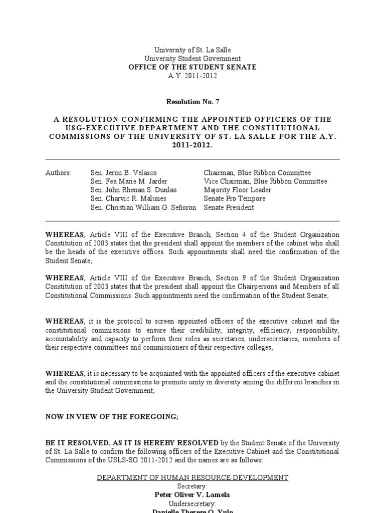 Resolution No. 7 United States Senate Government Institutions