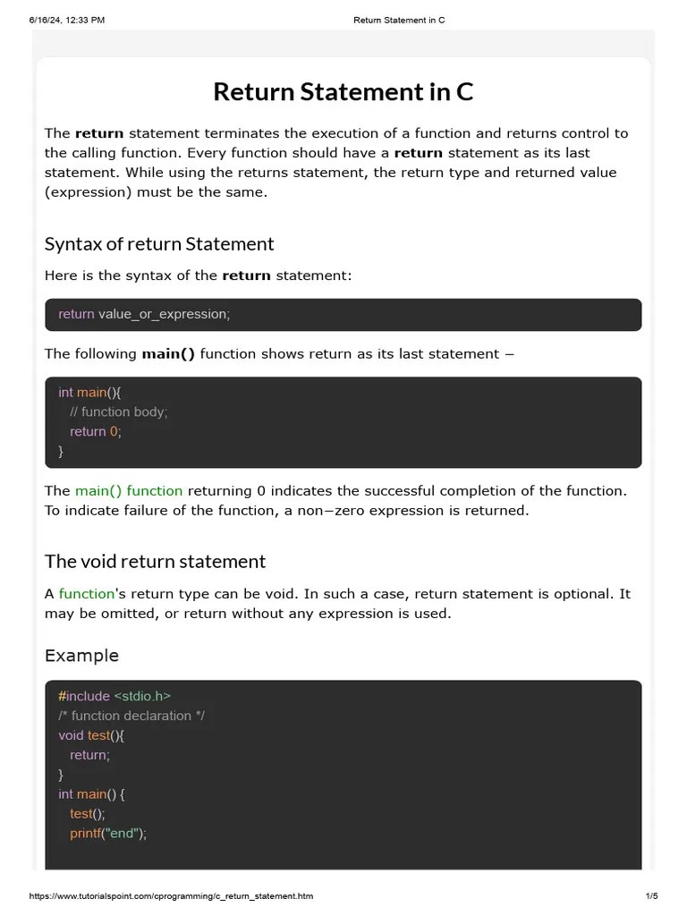 Return Statement in C Download Free PDF Integer Science