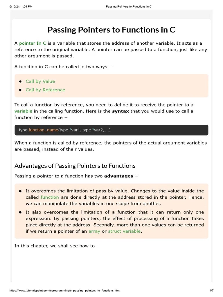 Passing Pointers in C Functions PDF Pointer Programming