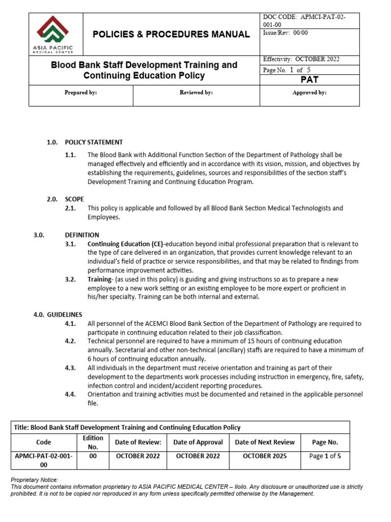 LABBQM017 Blood Bank Staff Development Training & Continuing