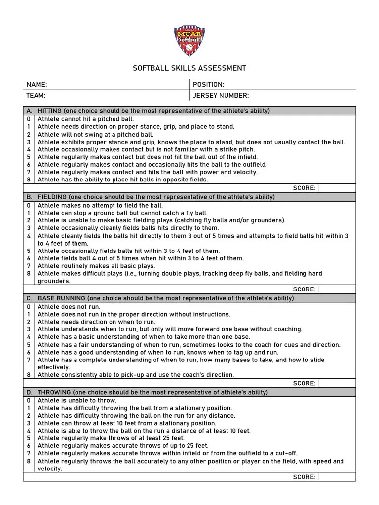 SOFTBALL SKILLS ASSESSMENT PDF Softball Sports