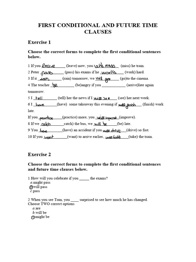 Microsoft Word FIRST CONDITIONAL AND FUTURE TIME CLAUSES Exercises