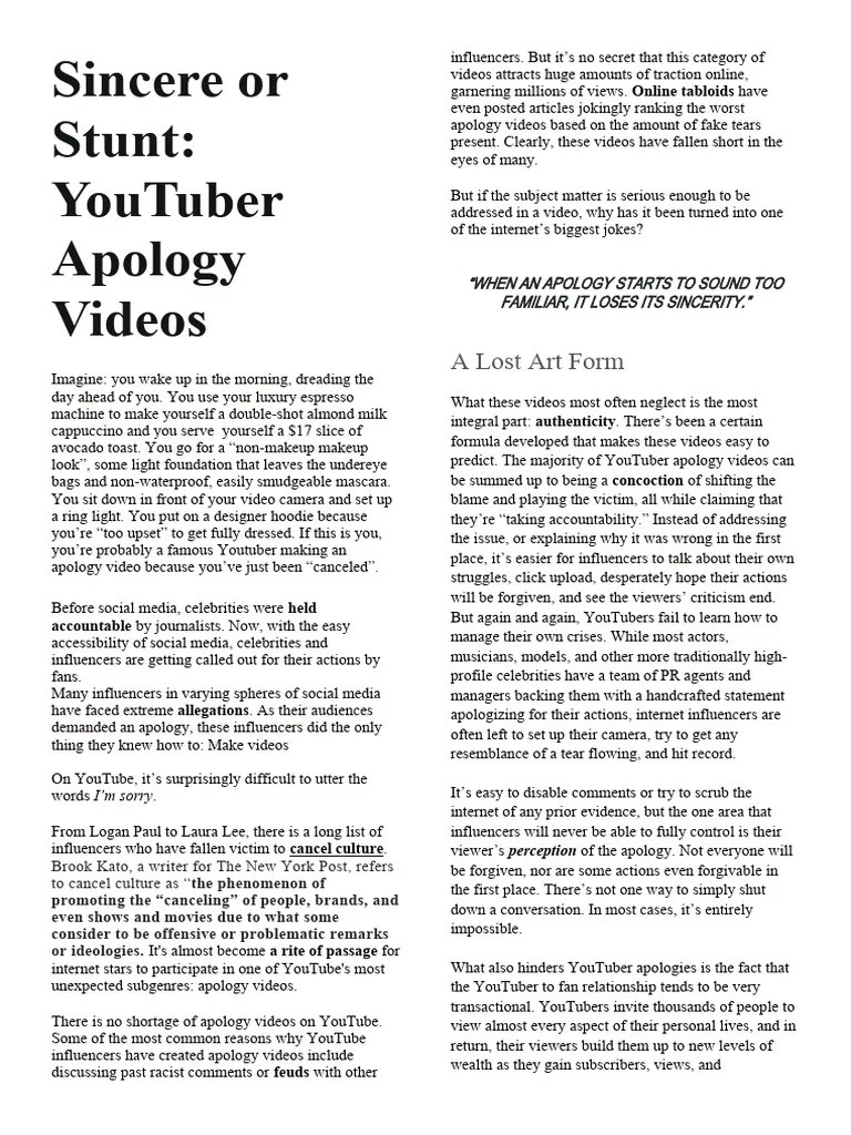 Sincere or Stunt YouTuber Apology Videos PDF You Tube Social Media