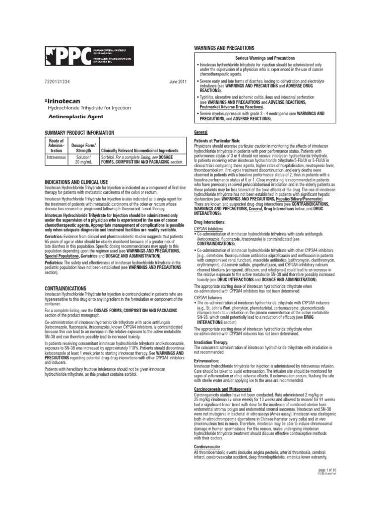 Irinotecan Package Insert Canada PDF Dose (Biochemistry) Chemistry