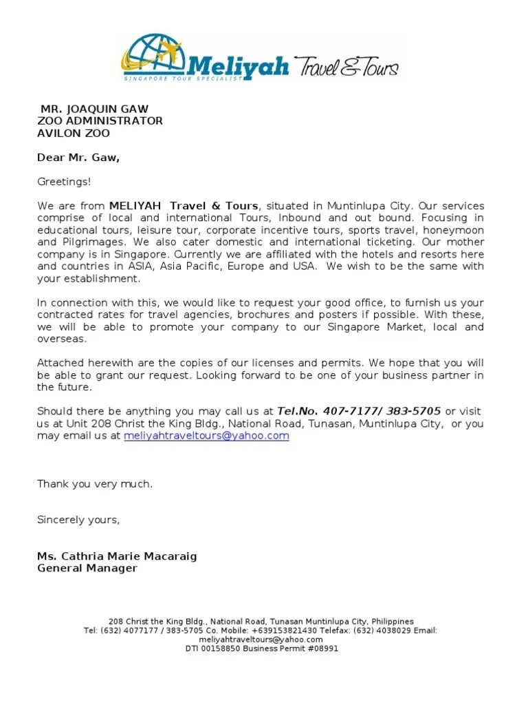 Request Letter of Contracted Rates Travel Agency Business