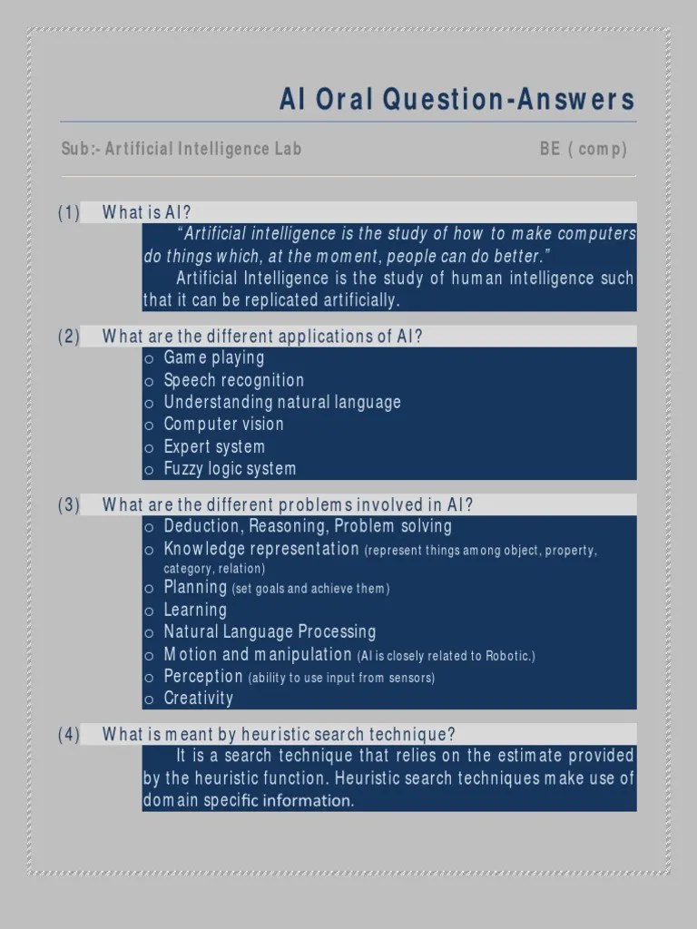 Artificial Intelligence Oral Question Answer Artificial Intelligence