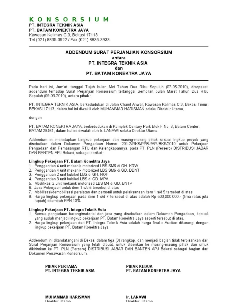 Addendum Perjanjian Konsorsium Pembagian Lingkup Kerja