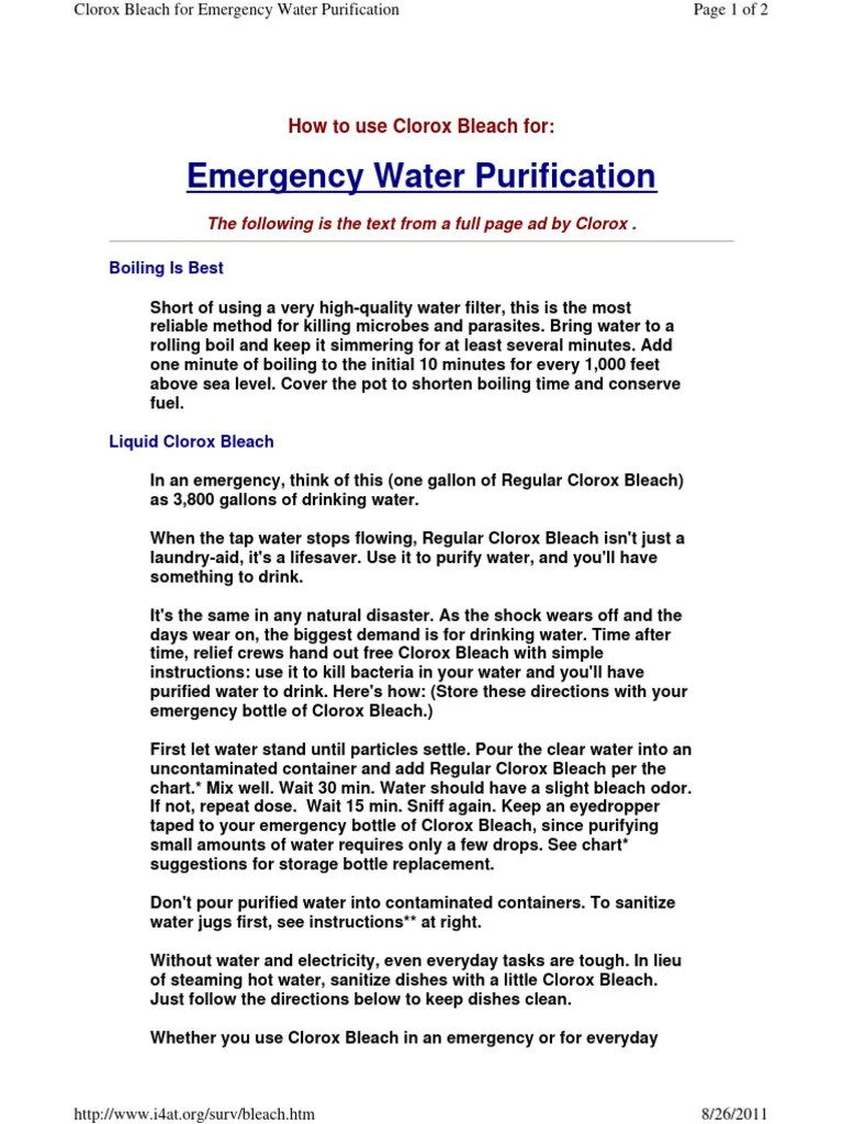 Clorox Bleach For Emergency Water Purification PDF Water Water Purification