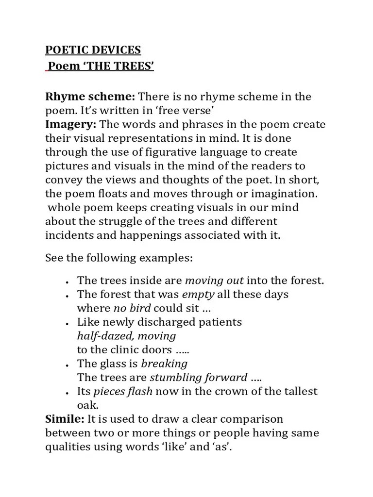 Poetic Devices Trees Poem PDF Poetry