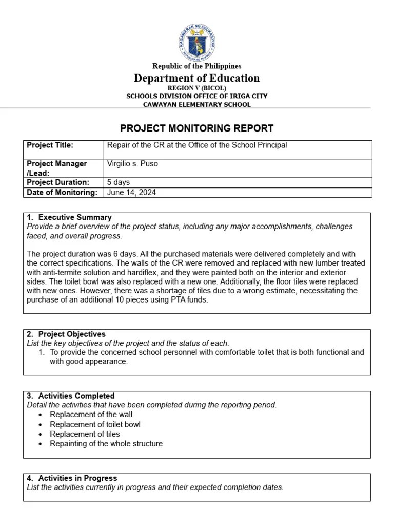 Project Monitoring Report Template PDF Business