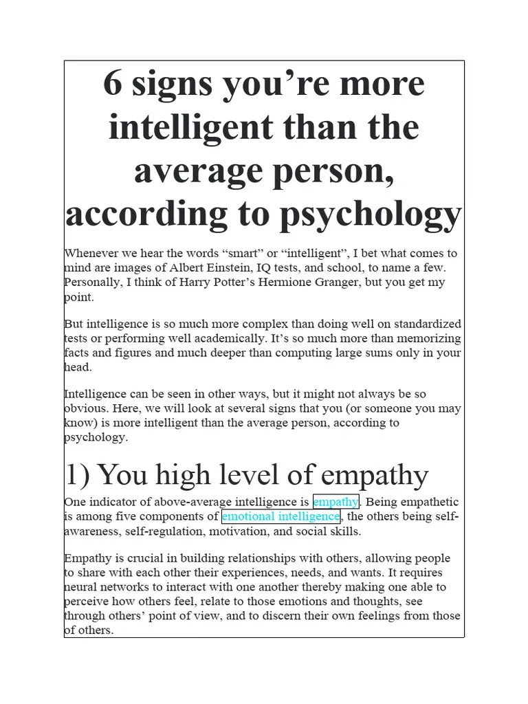 6 Signs of AboveAverage Intelligence PDF Self Awareness Empathy
