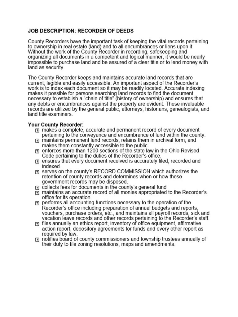 Job Description Recorder of Deeds PDF Deed Common Law