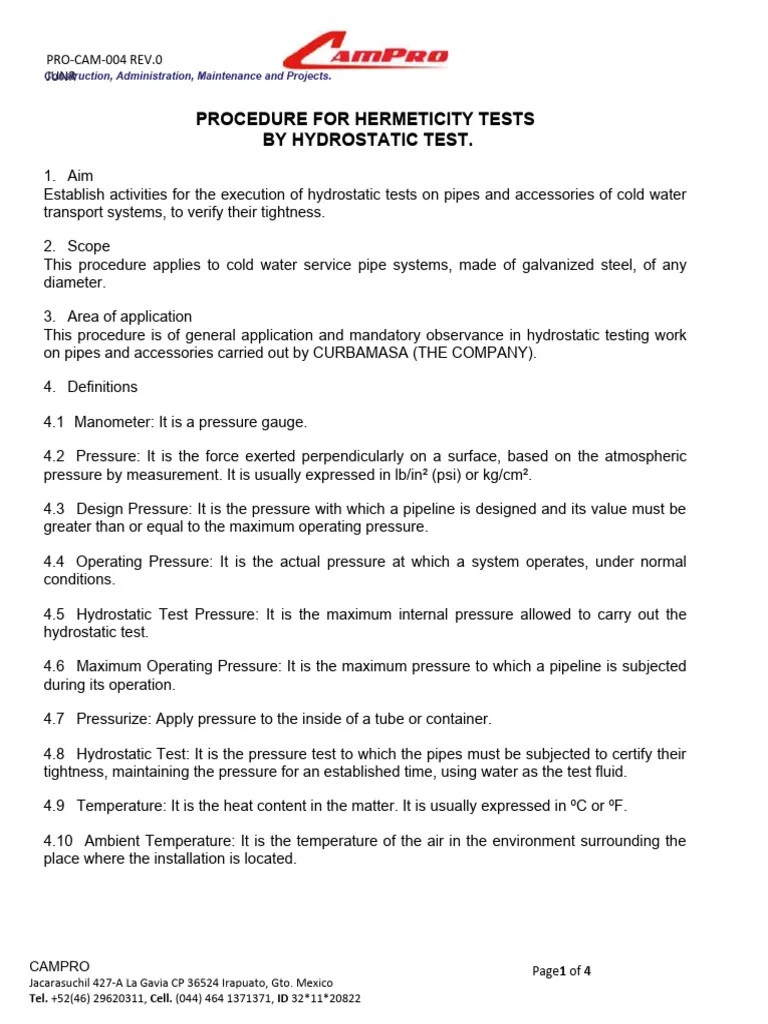 Hydrostatic Test Procedure PDF Pressure Pipe (Fluid Conveyance)