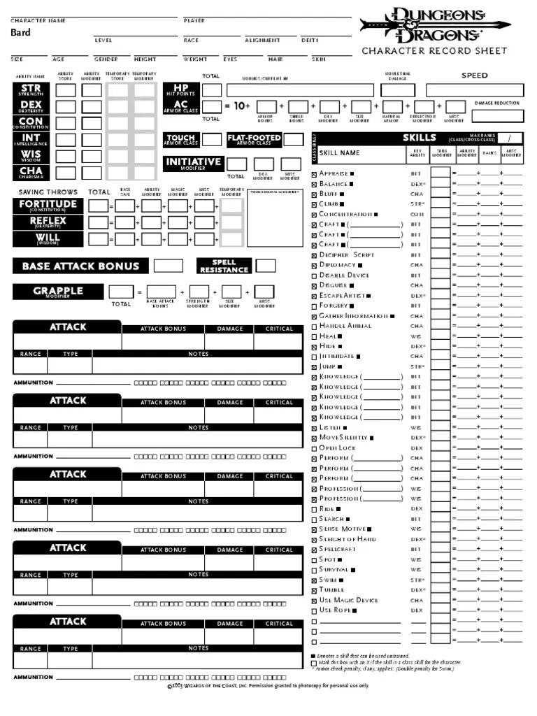 Character Sheet Bard v3.5 Dungeons & Dragons Video Games