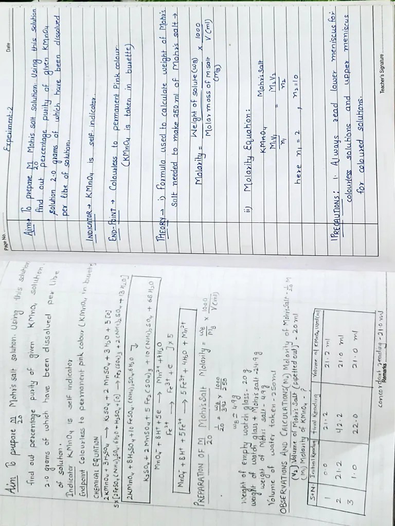 KMNO4 vs Mohr's Salt ( Calculation of Percentage Purity) PDF