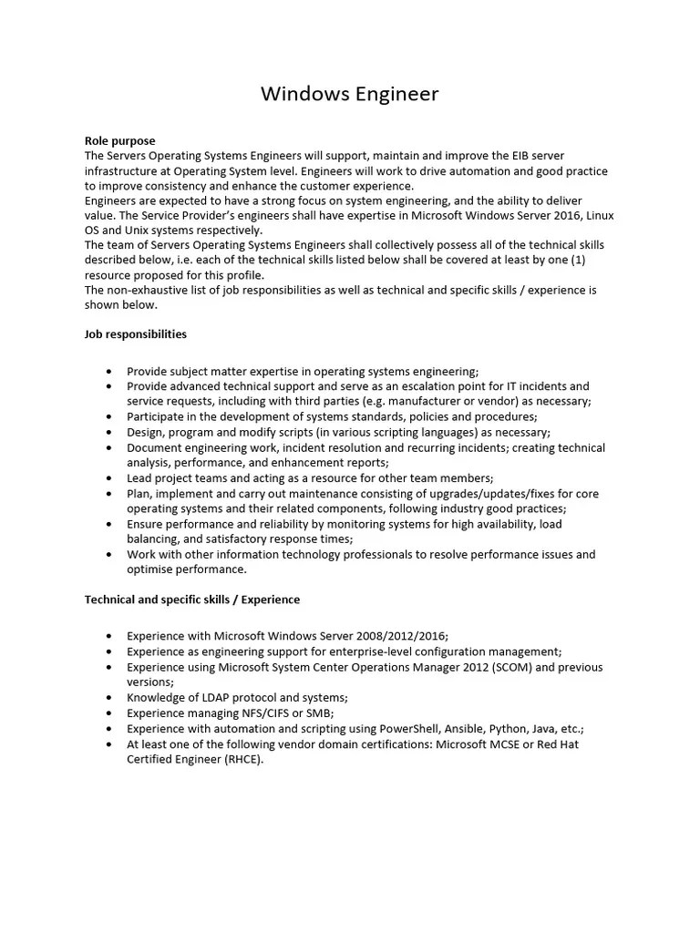 Windows Engineer Job Description PDF Operating System