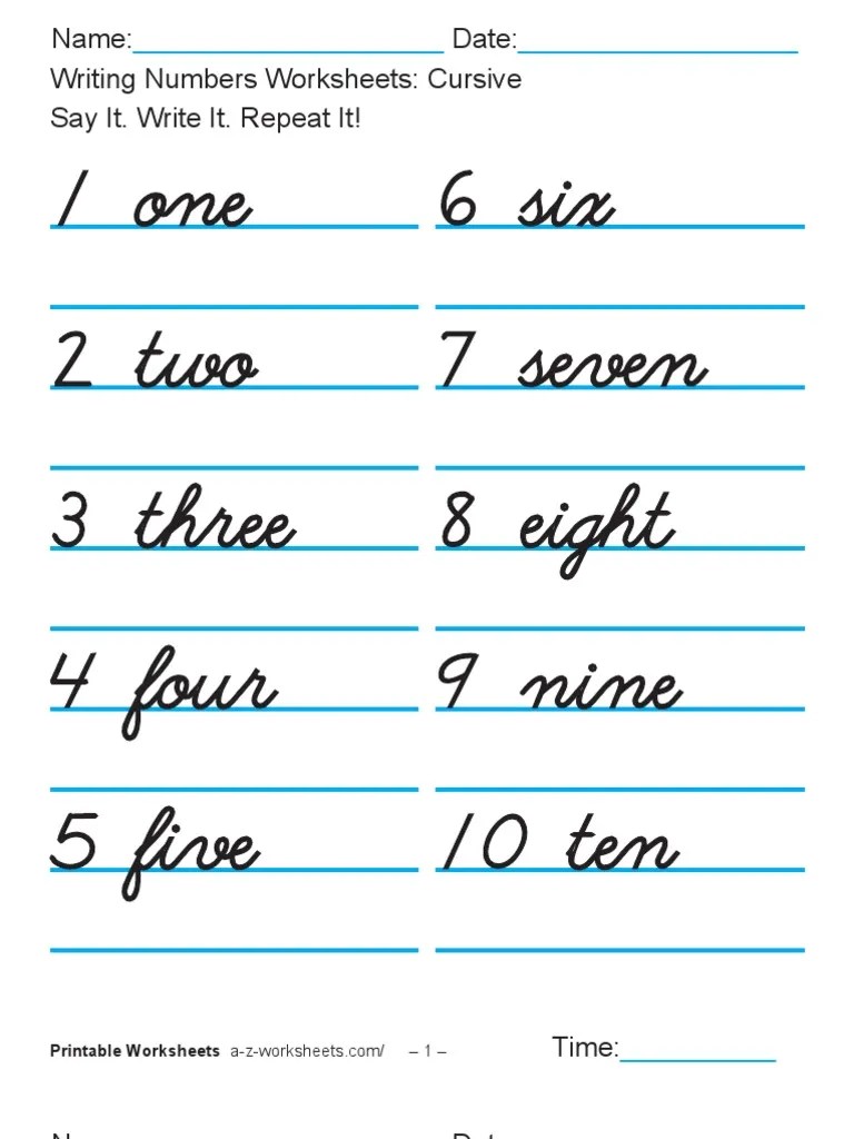 Writing Numbers Worksheets Cusive 1100
