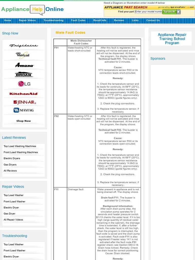 Miele Fault Codes PDF Relay Switch