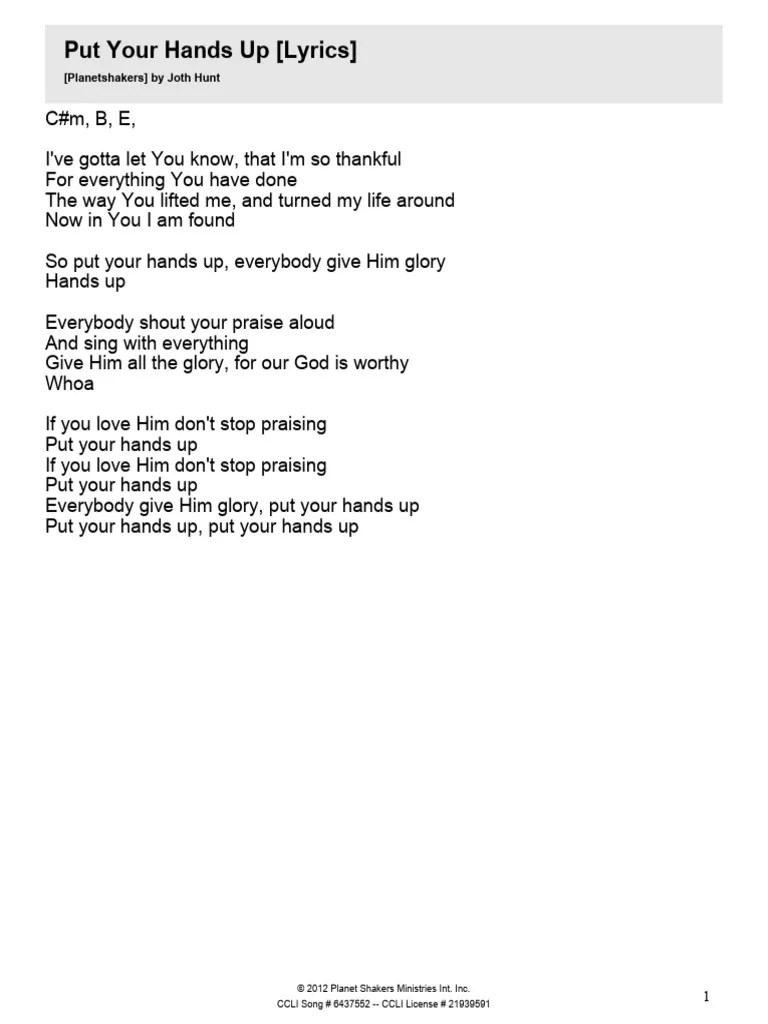 Put Your Hands Up Lyrics PDF
