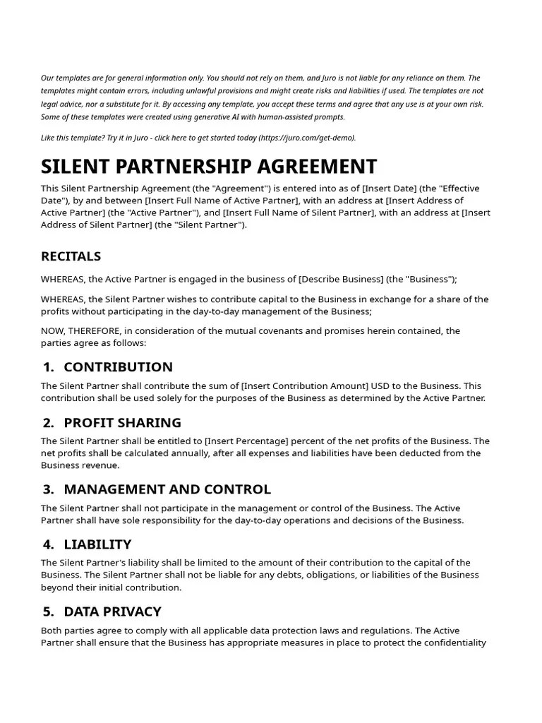 Juro Silent Partnership Agreement Template PDF Partnership Business