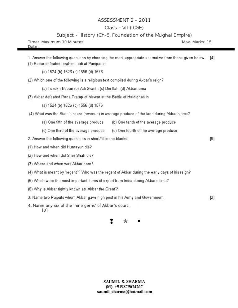 Assessment 2 2011 Class VII (ICSE) Subject History (Ch6