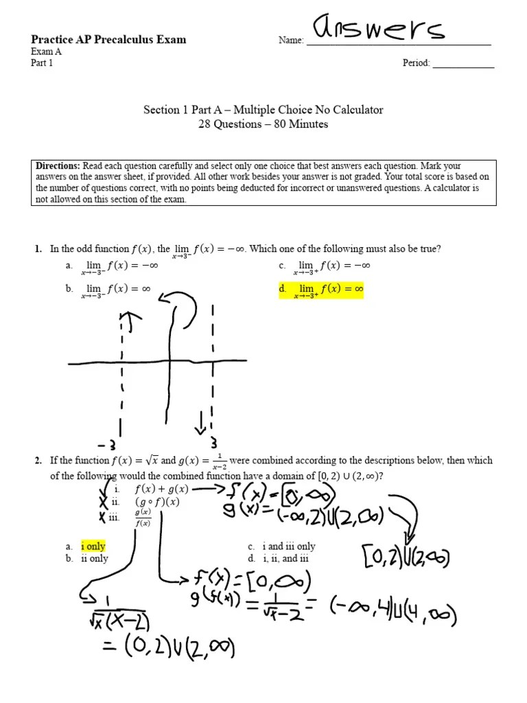 AP Precalculus Practice Exam A PDF Logarithm Function (Mathematics)