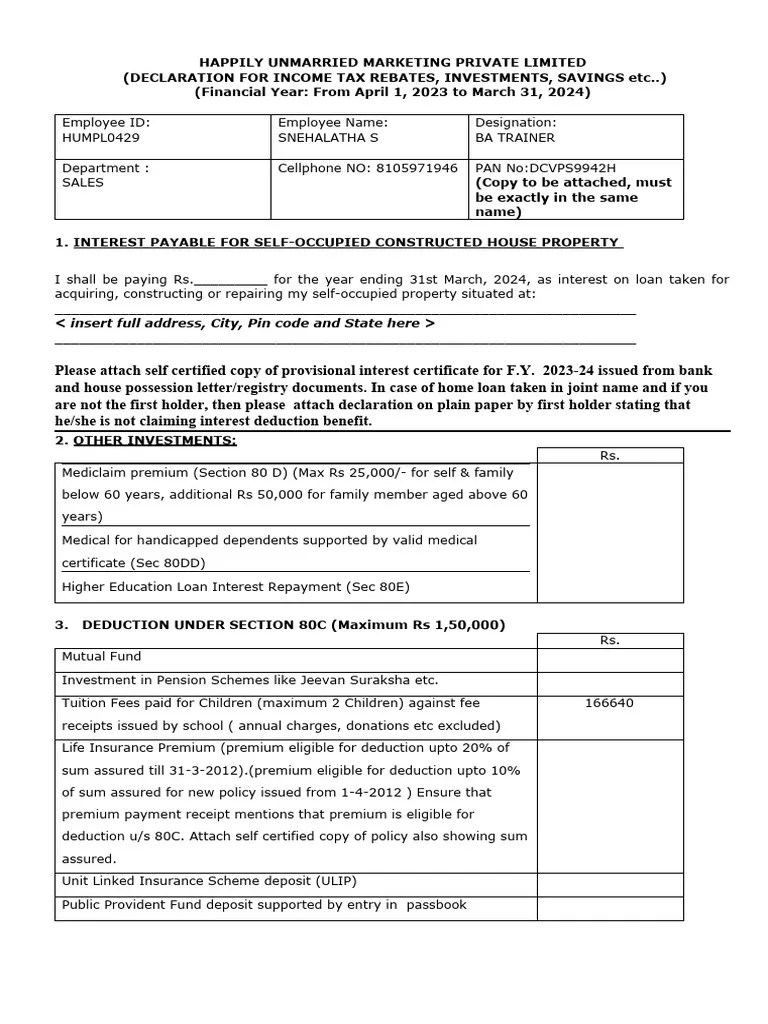 EMPLOYEES TAX DECLARATION FORM F Y 202324 ( A Y 202425) Download
