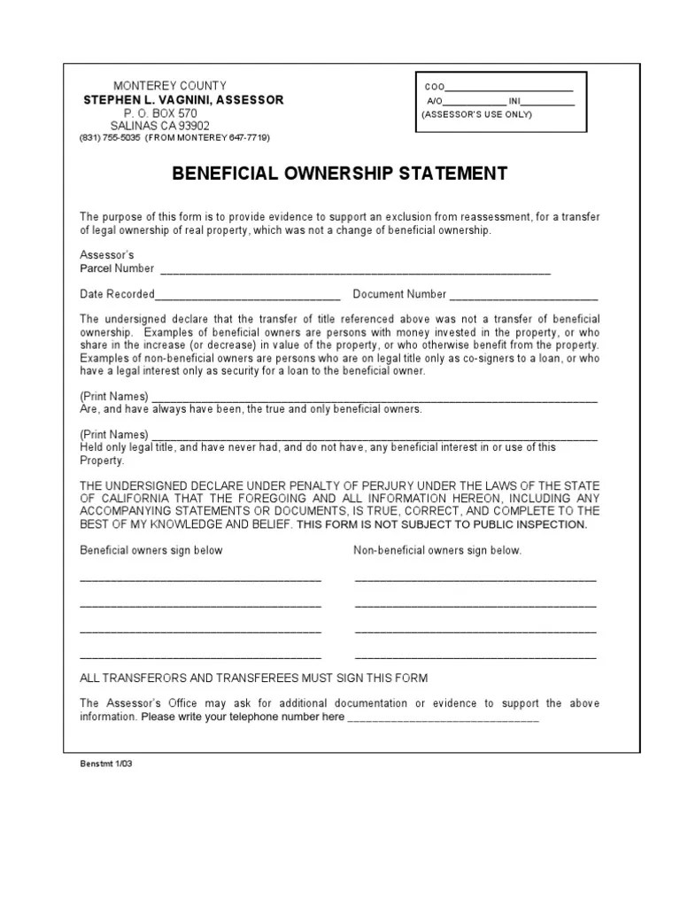 Beneficial Ownership Stmnt Ownership Trust Law