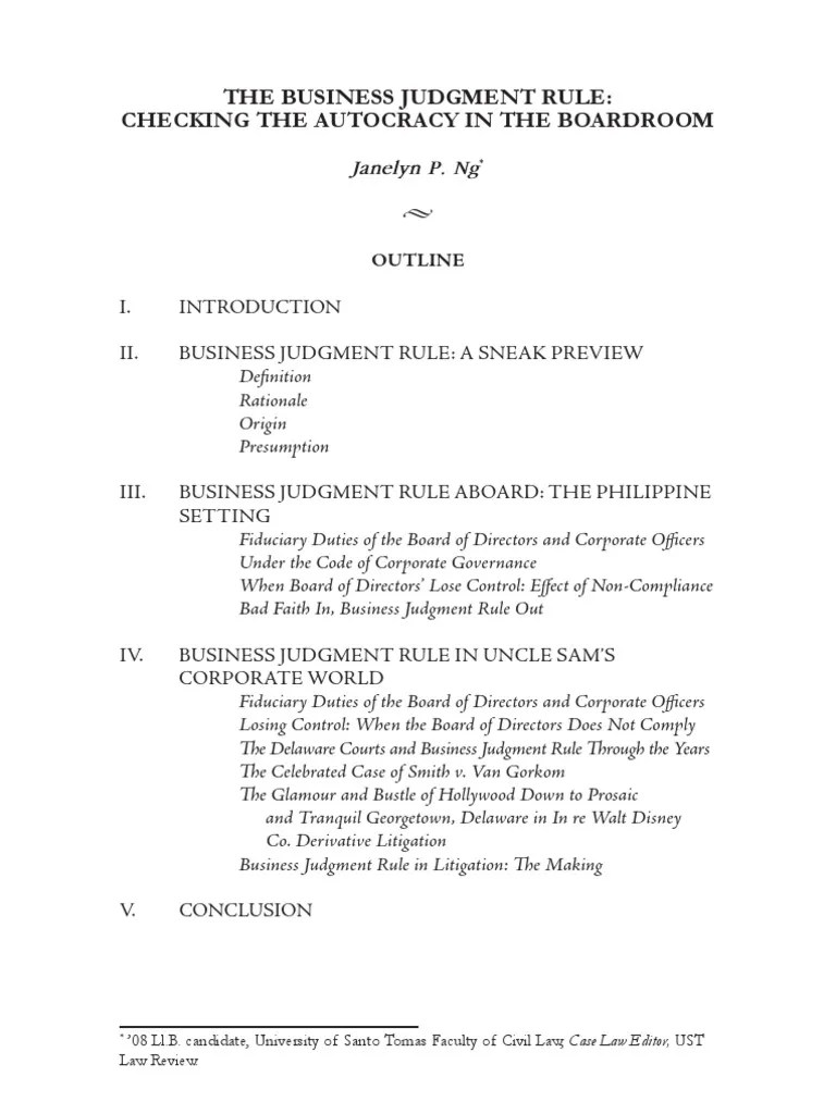 The Business Judgment Rule Board Of Directors Legal Concepts
