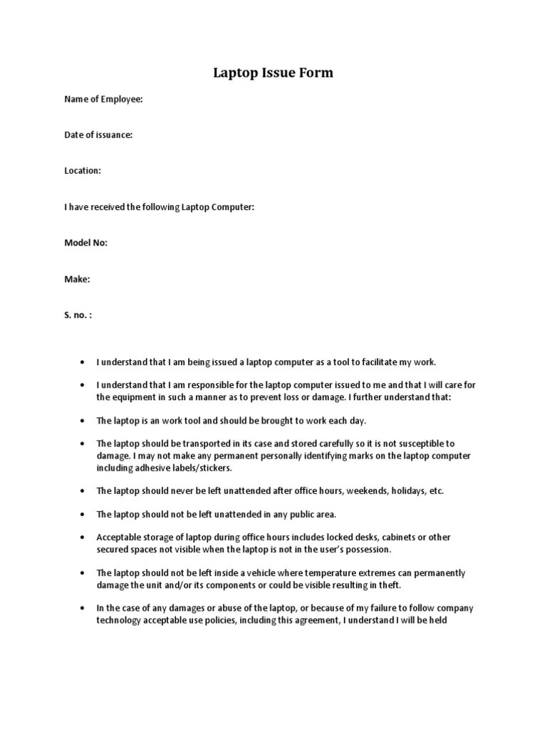Laptop Issue Form Laptop Employment
