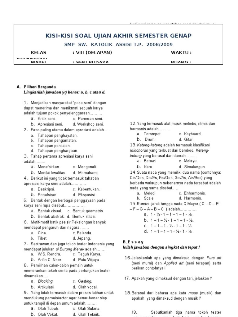 soal seni budaya smp kelas 9 semester 1