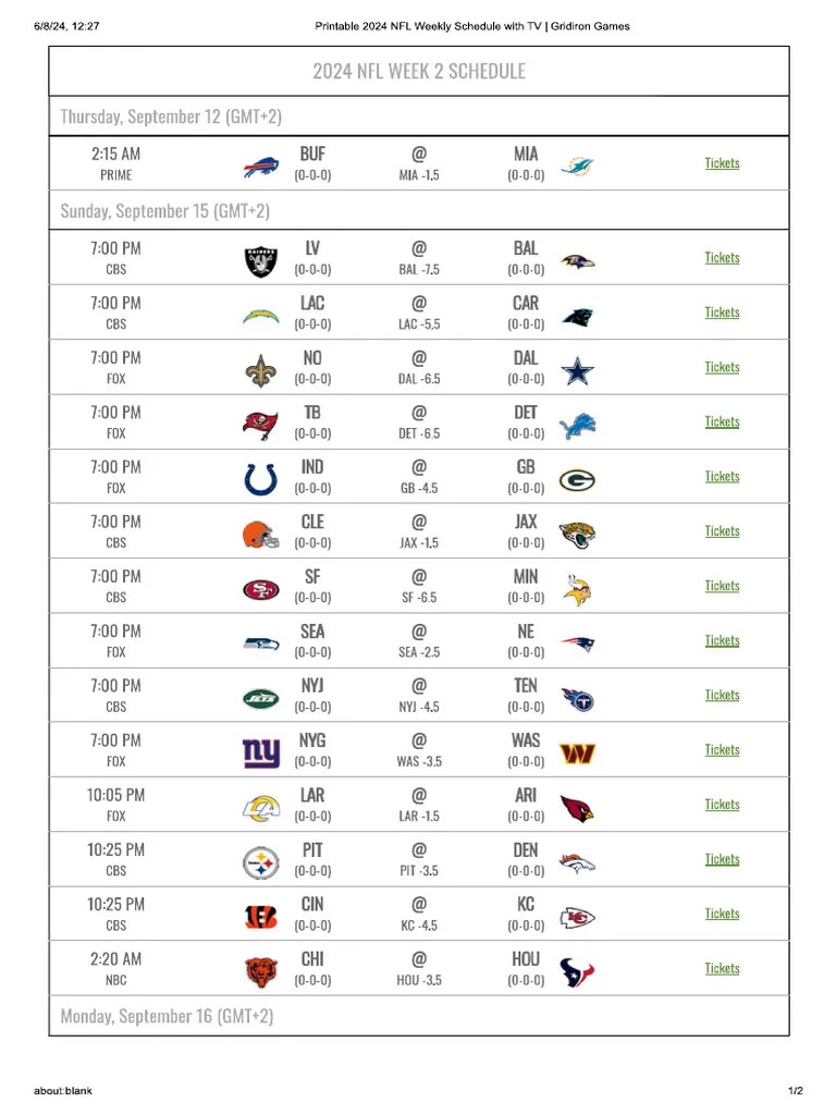 2024 NFL Week 2 Schedule PDF