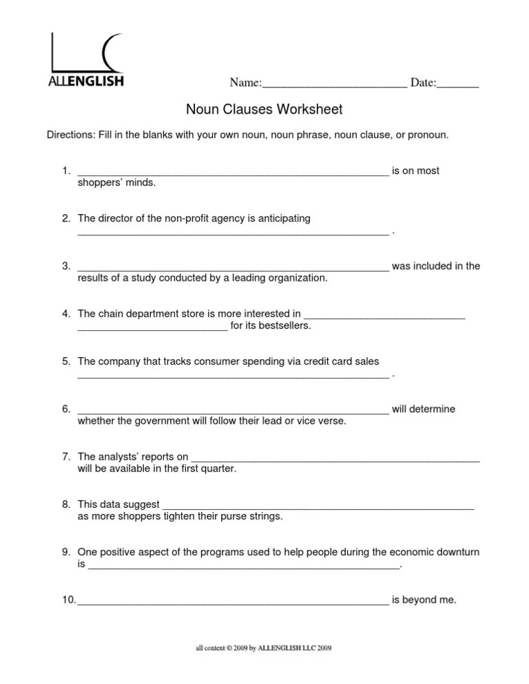 Noun Clause Worksheet