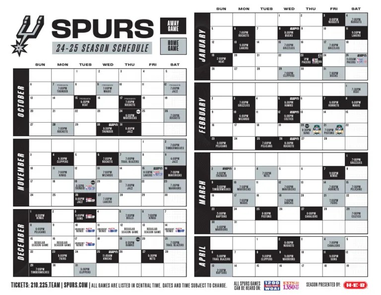 202425 Spurs Printable Schedule PDF Team Sports Relocated National Basketball Association Teams