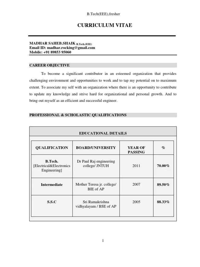 b.tech(EEE 2011),Fresher Resume Electrical Engineering