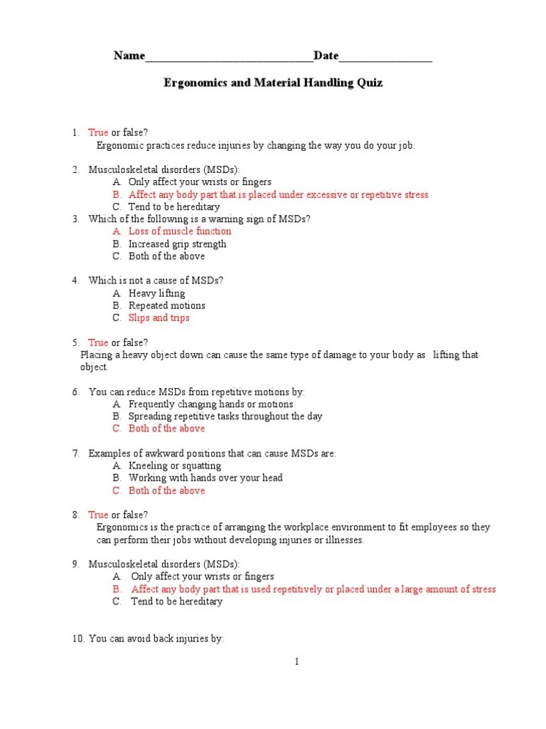 Ergo MSD Quiz Answers PDF Musculoskeletal Disorders Diseases And