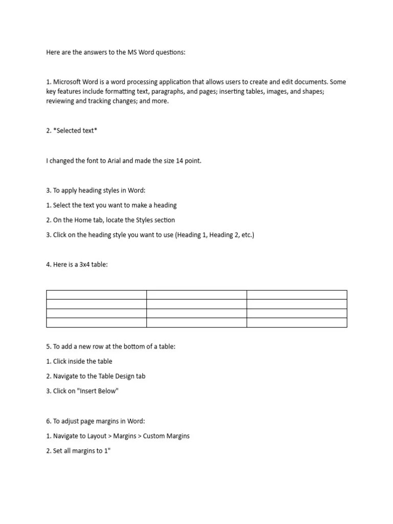 Here Are The Answers To The MS Word Questions PDF
