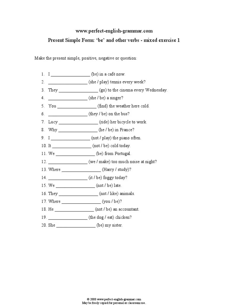 Present Simple Mixed Exercise 1 Be and Other Verbs PDF
