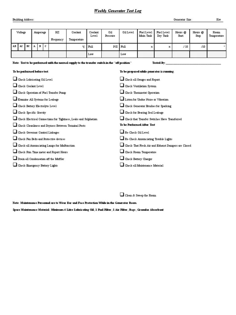 Weekly Generator Test Log Sheet