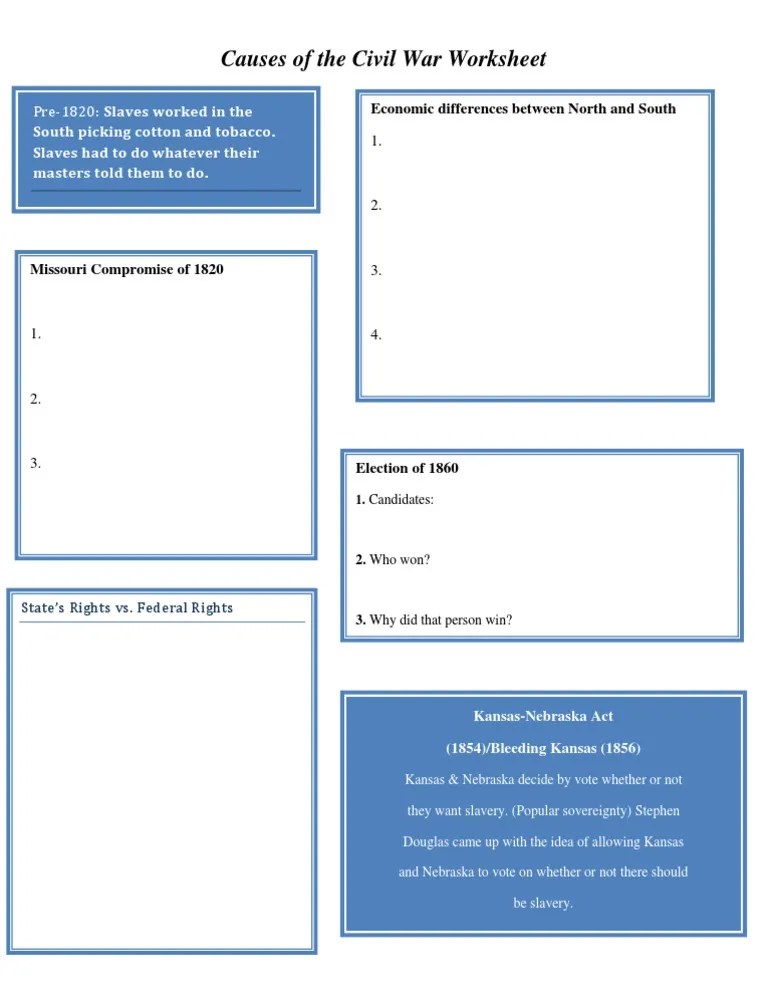 Causes of the Civil War Worksheet