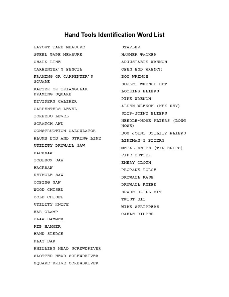 Hand Tools Identification Word List