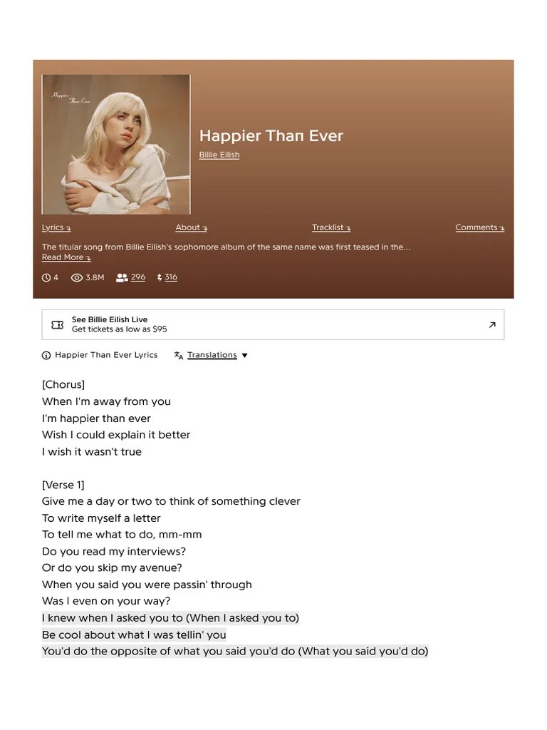 Billie Eilish Happier Than Ever Lyrics Genius Lyrics Pdf