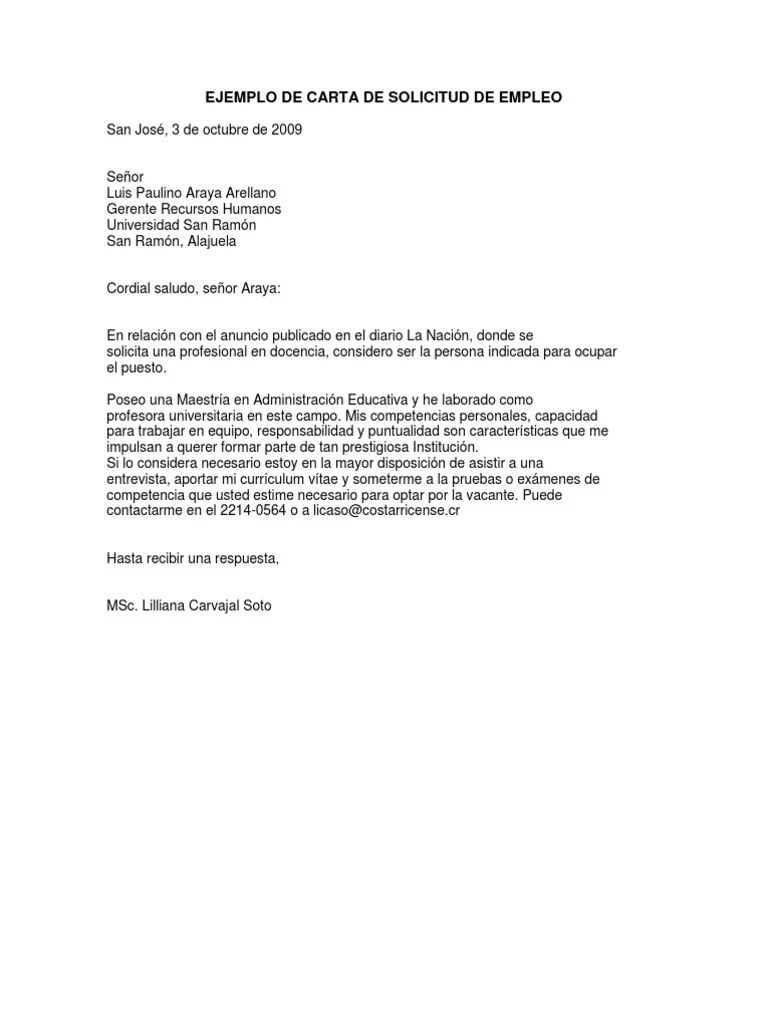 Ejemplo de Carta de Solicitud de Empleo
