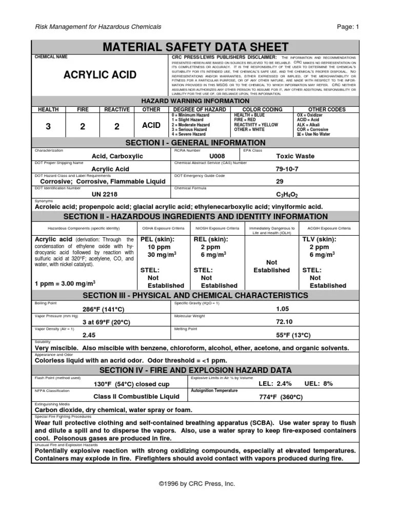Acrylic Acid MSDS PDF Toxicity Personal Protective Equipment