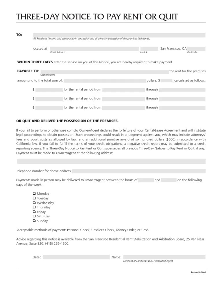 Tenant Three Day to Pay Rent Notice Eviction Lease