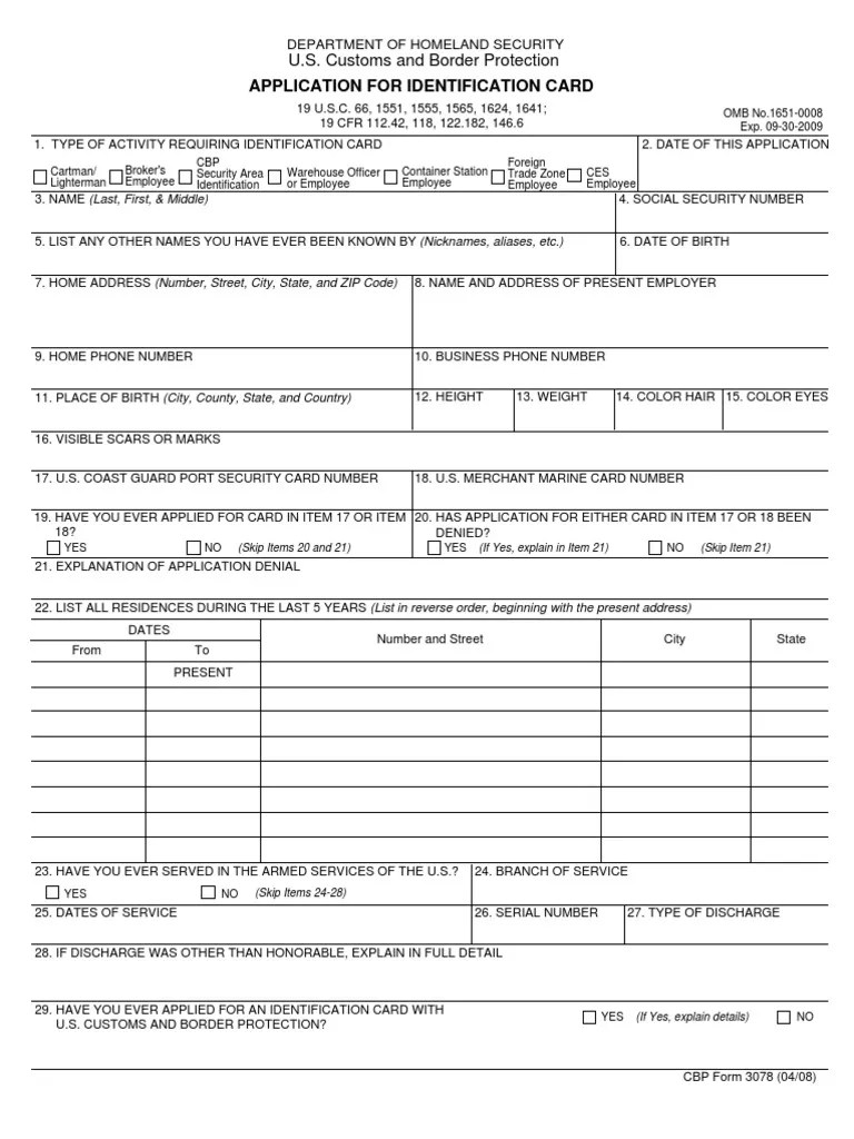 CBP_Form_3078 U.S. Customs And Border Protection Military Discharge