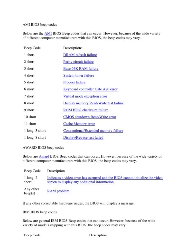 AMI BIOS Beep Codes PDF Bios Random Access Memory