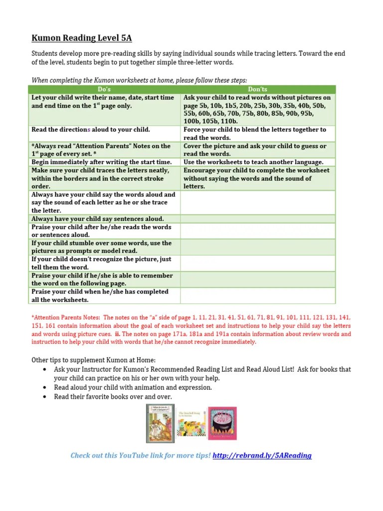 Kumon Reading Level 5A Tip Sheet 2 | PDF