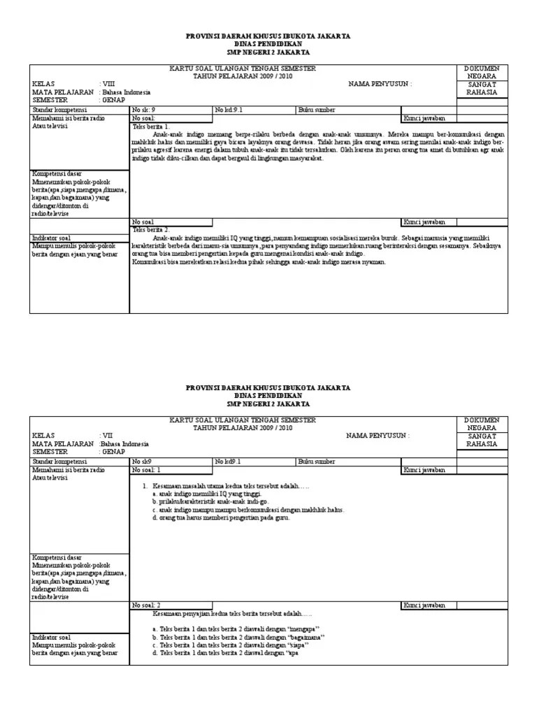 Kartu Soal Bahasa Indonesia Smp Kelas 8 Bagikan Kelas