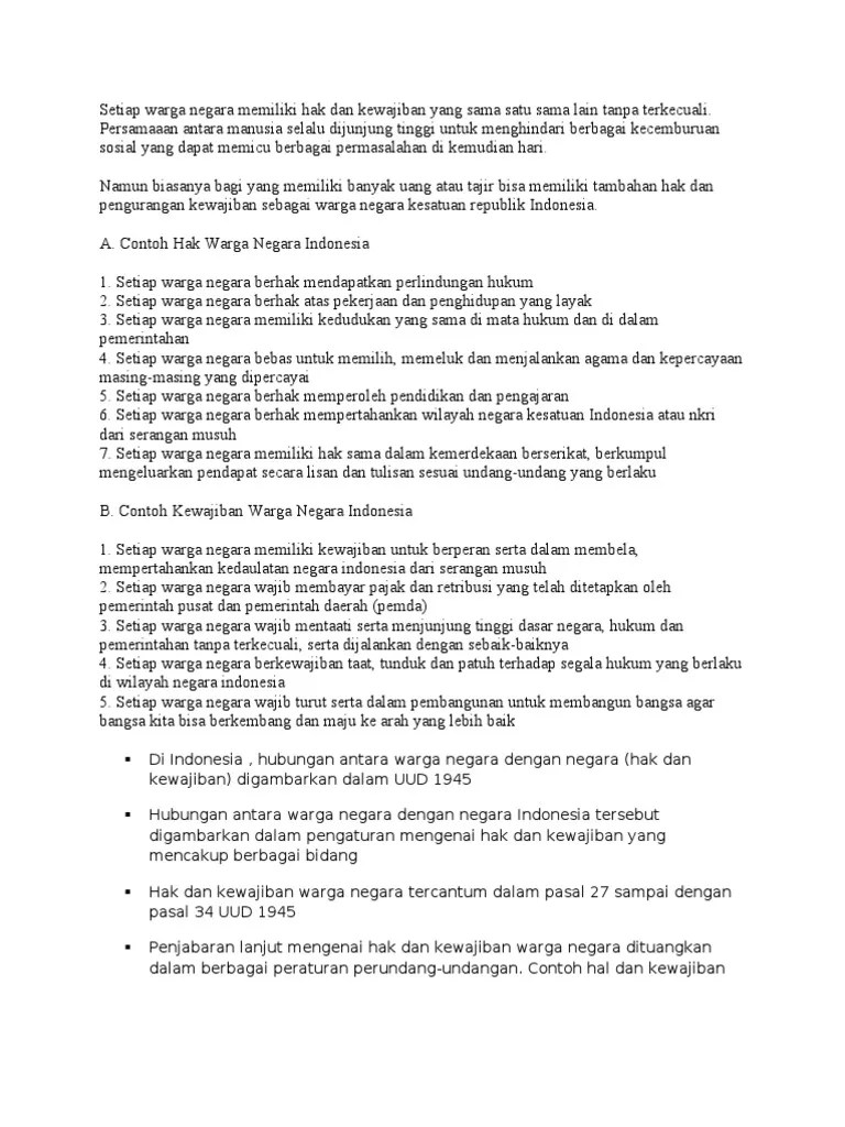 Setiap Warga Negara Memiliki Hak Dan Kewajiban Yang Sama Satu Sama Lain  Tanpa Terkecuali | PDF